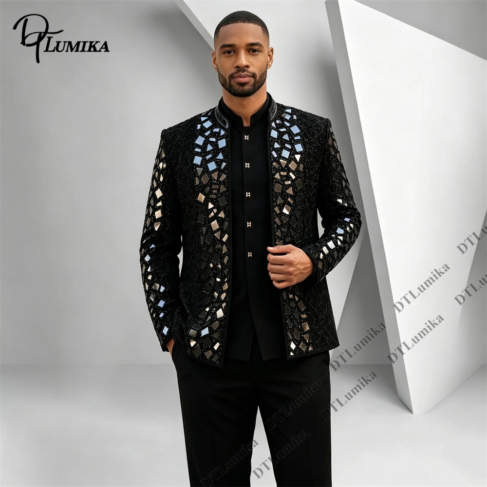 Men'S Formal Wear For Office - Terno Masculino Preto com Gola Mandarim,